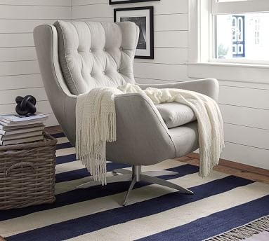Wells Upholstered Tufted Swivel Armchair with Brushed Nickel Base, Polyester Wrapped Cushions, Performance Heathered Tweed Indigo - Image 5