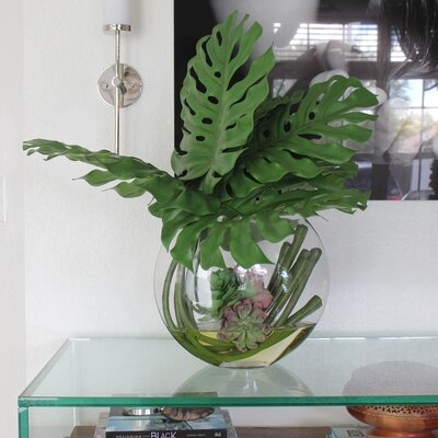 Monstera Leaves and Succulents Plant in Vase - Image 0