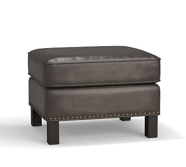 Tyler Leather Ottoman with Nailheads, Polyester Wrapped Cushions, Leather Burnished Wolf Gray - Image 2