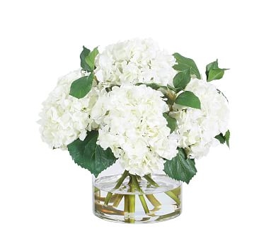 Faux White Hydrangeas In Glass Vase - Image 0
