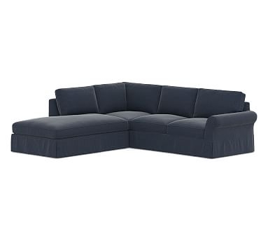 PB Comfort Roll Arm Slipcovered Right 3-Piece Bumper Sectional, Box Edge, Down Blend Wrapped Cushions, Sunbrella(R) Performance Chenille Indigo - Image 0