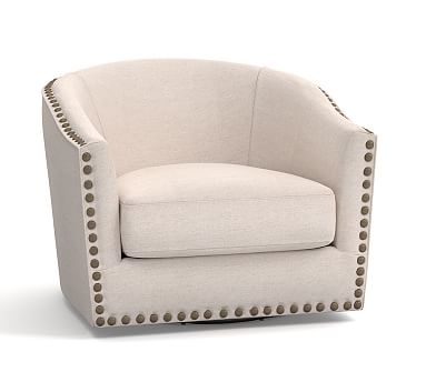 Harlow Upholstered Swivel Armchair with Pewter Nailheads, Polyester Wrapped Cushions, Performance Twill, Metal Gray - Image 0