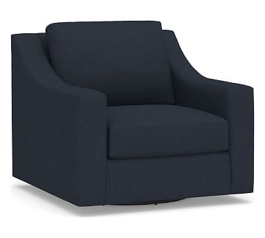 York Slope Arm Upholstered Swivel Armchair, Down Blend Wrapped Cushions, Performance Brushed Basketweave Indigo - Image 0