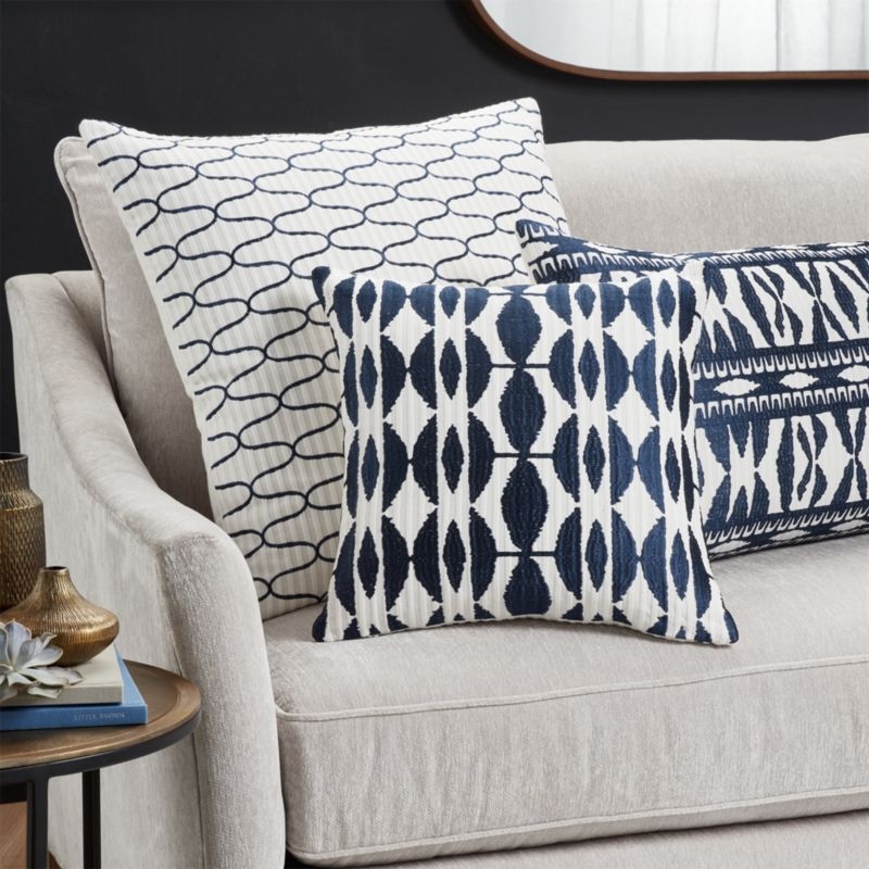 Moyano Blue Patterned Pillow with Feather-Down Insert 16" - Image 1