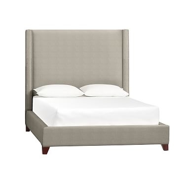 Harper Upholstered Tall Bed with Bronze Nailheads, King, Performance Heathered Tweed Pebble - Image 0