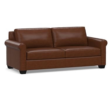 York Roll Arm Leather Sofa 83", Polyester Wrapped Cushions, Legacy Chocolate - Image 0