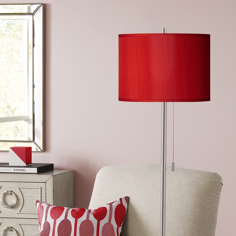 Possini Euro 62" Red Shade Brushed Nickel Pull Chain Floor Lamp - Image 0