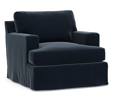 Townsend Square Arm Slipcovered Swivel Armchair, Polyester Wrapped Cushions, Performance Plush Velvet Navy - Image 0
