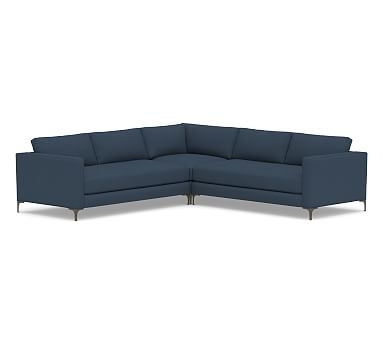 Jake Upholstered 3-Piece L-Shaped Corner Sectional, Bench Cushion, Bronze Legs, Polyester Wrapped Cushions, Brushed Crossweave Navy - Image 0