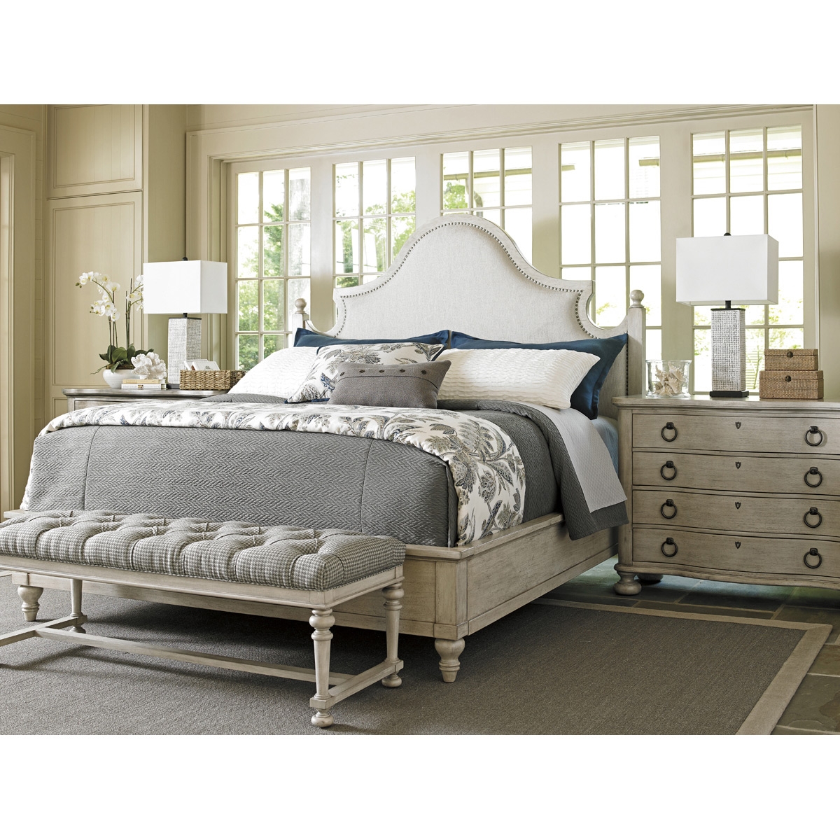 Lexington Arbor Hills French Country Grey Upholstered White Oyster Bed - King - Image 3