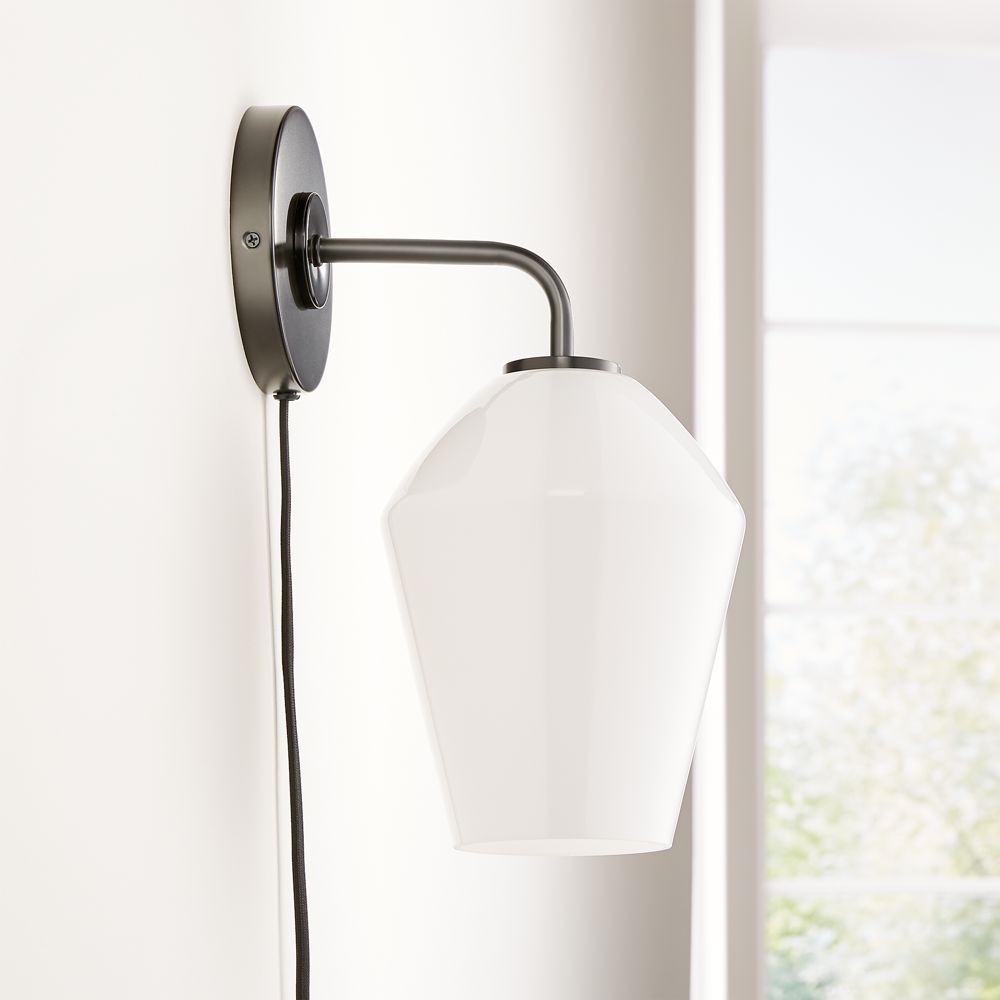 Arren Black Plug In Wall Sconce Light with Milk Angled Shade - Image 0