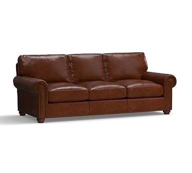 Webster Roll Arm Leather Grand Sofa 94.5" with Bronze Nailheads, Down Blend Wrapped Cushions, Leather Statesville Molasses - Image 2