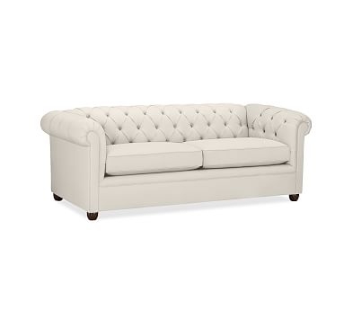 Chesterfield Upholstered Sofa, Polyester Wrapped Cushions, Performance Twill Cream - Image 0