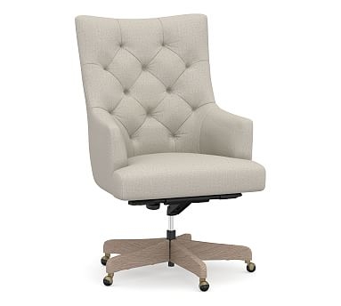 Radcliffe Tufted Upholstered Swivel Desk Chair, Gray Wash Base, Performance Heathered Tweed Pebble - Image 0