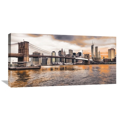 Brooklyn Bridge and Lower Manhattan at Sunset, New York City Wall Art on Wrapped Canvas - Image 0