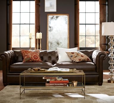 Chesterfield Roll Arm Leather Grand Sofa 96", Polyester Wrapped Cushions, Nubuck Fawn - Image 6