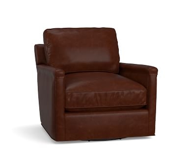 Tyler Leather Square Arm Swivel Armchair with Bronze Nailheads, Down Blend Wrapped Cushions, Signature Whiskey - Image 2