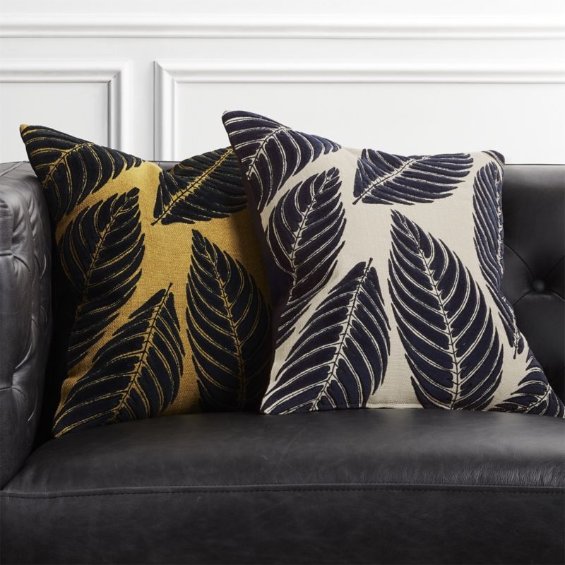 "18"" Frond Mustard Jute and Velvet Pillow with Feather-Down Insert" - Image 2