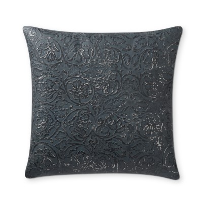 Rob and Lydia Mondavi Flora Leather Pillow Cover, 18" X 18", Navy - Image 0