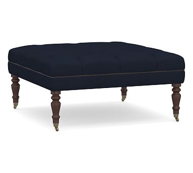 Raleigh Upholstered Tufted Square Ottoman with Turned Mahogany Legs & Bronze Nailheads, Twill Cadet Navy - Image 0