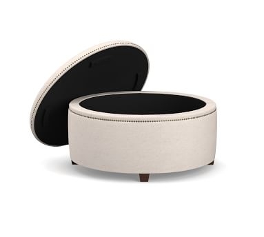 Tamsen Upholstered Round Storage Ottoman, Premium Performance Awning Stripe Light Gray/Ivory - Image 4