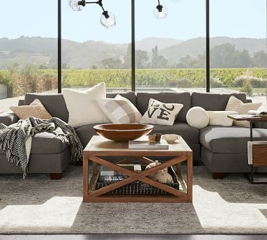 Big Sur Square Arm Upholstered Left Arm Loveseat with Double Chaise Sectional with Bench Cushion, Down Blend Wrapped Cushions, Performance Brushed Basketweave Slate - Image 1
