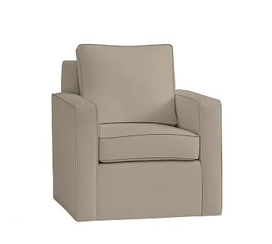 Cameron Square Arm Upholstered Swivel Armchair, Polyester Wrapped Cushions, Sunbrella(R) Performance Herringbone Light Gray - Image 2