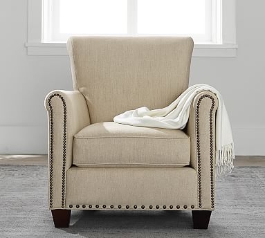 Irving Roll Arm Upholstered Armchair with Nailheads, Polyester Wrapped Cushions, Performance Heathered Tweed Desert - Image 0