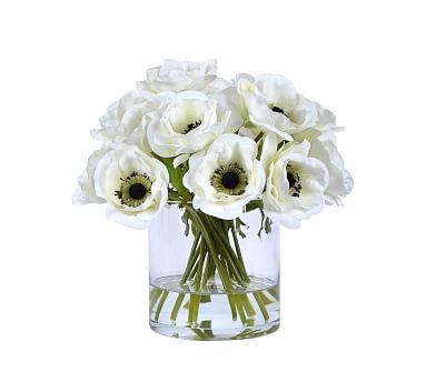 Faux White Poppies In Glass Vase, 12" - Image 0