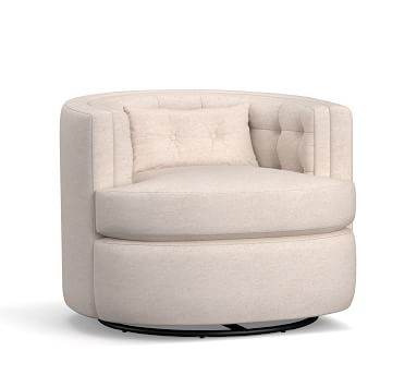 Reed Upholstered Swivel Armchair, Down Blend Wrapped Cushions, Performance Heathered Tweed Pebble - Image 1