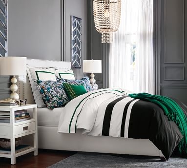 Tamsen Square Upholstered King Bed with Bronze Nailhead, Organic Cotton Twill Gray - Image 4
