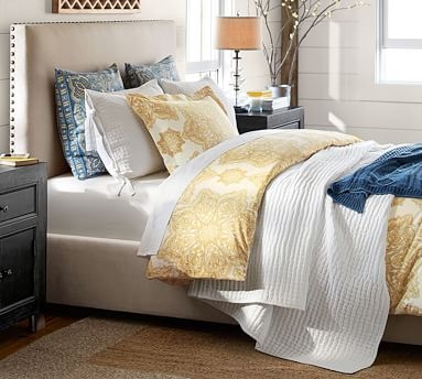 Raleigh Square Upholstered Bed with Pewter Nailheads, Queen, Tall Headboard 53"h, Sunbrella(R) Performance Sahara Weave Ivory - Image 3