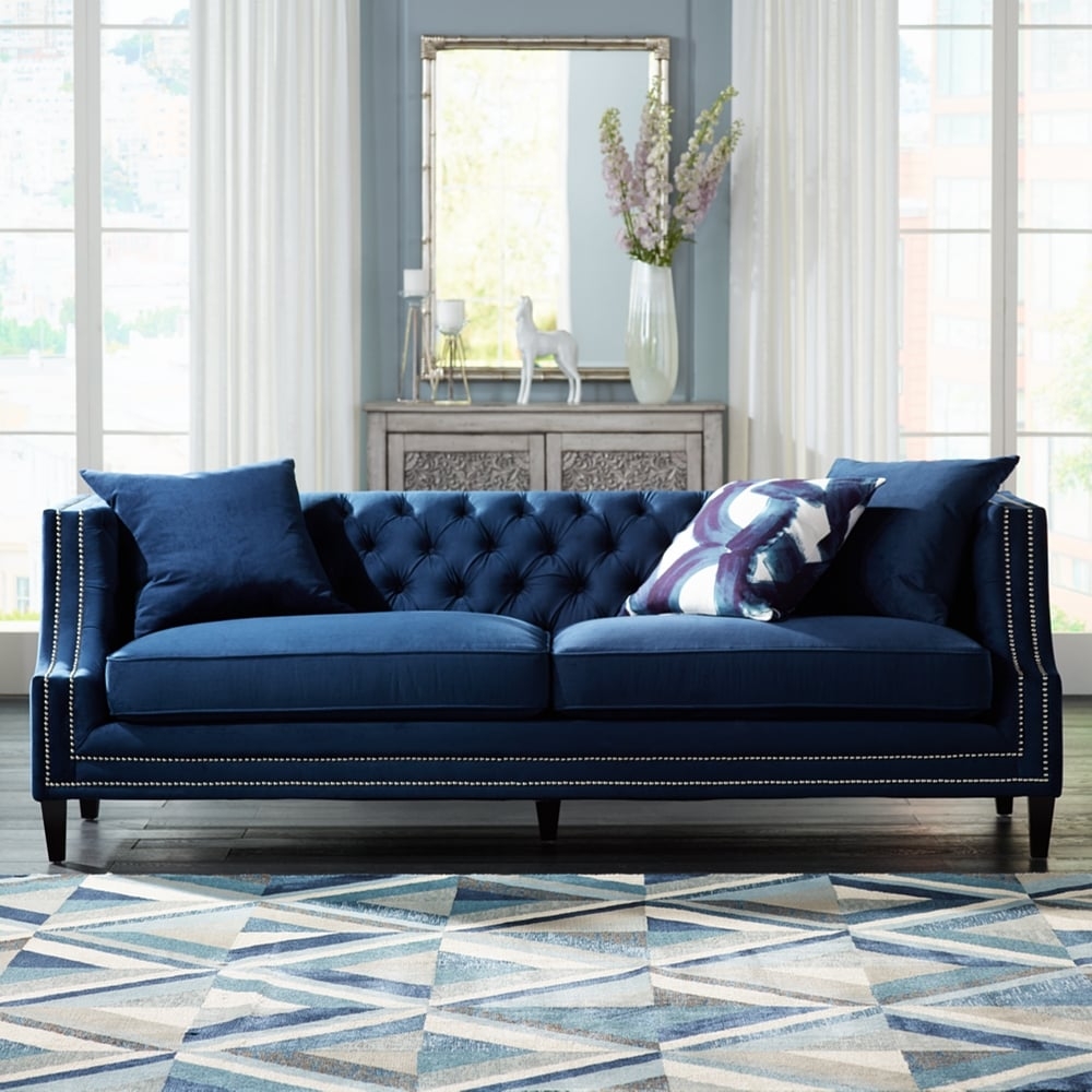 55 Downing Street Marilyn 93" Wide Blue Velvet Tufted Upholstered Sofa - Image 0