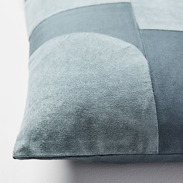 Pieced Cotton Velvet Pillow Cover, Blue Stone, 12"x21" - Image 1
