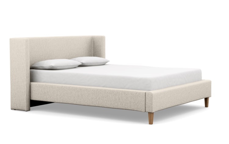 Oliver Queen Bed with Beige Wheat Fabric, low headboard, and Natural Oak legs - Image 1