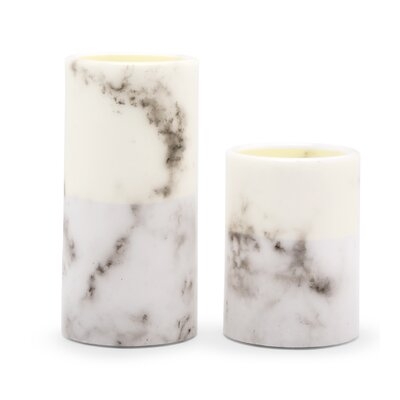 Artificial Flameless Led Pillar Candle, Set of 2, White Marble - Image 1