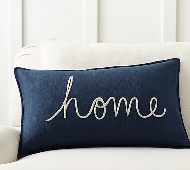 Home Sentiment Embroidered Lumbar Pillow Cover, 26" x 16", Blue - Image 0