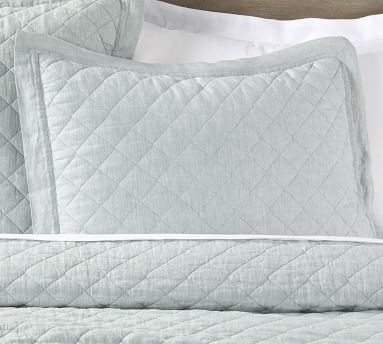Belgian Flax Linen Diamond Quilted Sham, Euro, Mineral Blue - Image 3