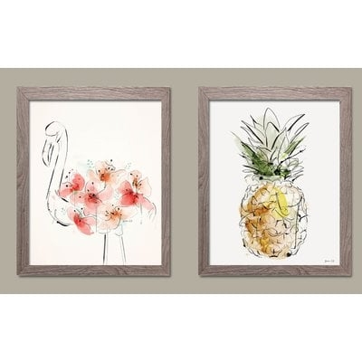 'Tropical Pink Floral Flamingo and Yellow Pineapple' 2 Piece Framed Watercolor Painting Print Set - Image 0
