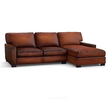 Turner Square Arm Leather Left Arm Sofa with Chaise Sectional, Down Blend Wrapped Cushions, Burnished Saddle - Image 0