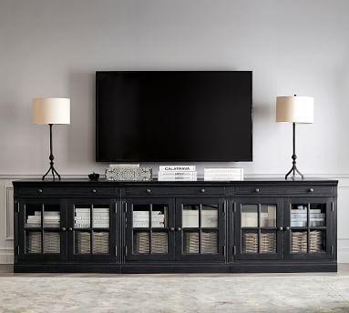 Livingston 105" Media Console with Glass Door Cabinets, Dusty Charcoal - Image 1