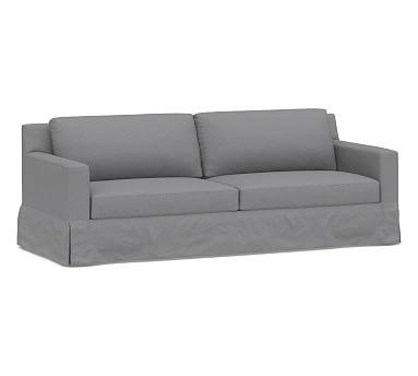York Square Arm Slipcovered Grand Sofa 95.5" with Bench Cushion, Down Blend Wrapped Cushions, Textured Twill Light Gray - Image 0