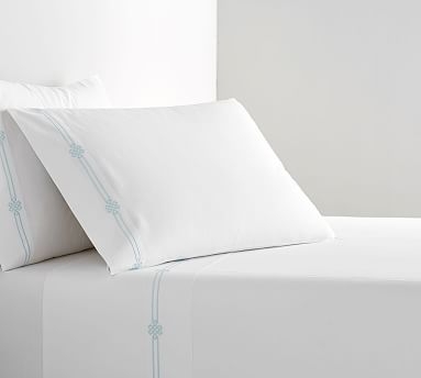 Emilia Embroidered Organic Percale Sheet Set, Queen, Sea Glass - Image 0