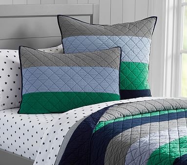 Block Stripe Quilt, Twin, Green/Blue/Gray - Image 0