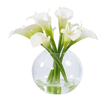 Faux Calla Lily in Glass Bowl, White - Image 0
