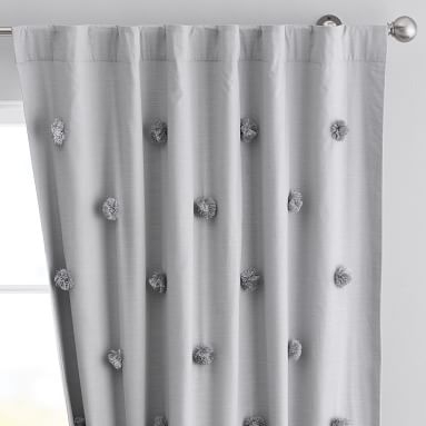 Pom Pom Applique Blackout Curtain Panel, 84", White - Image 1