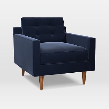 Drake Midcentury Chair, Performance Velvet, Ink Blue, Pecan - Image 0