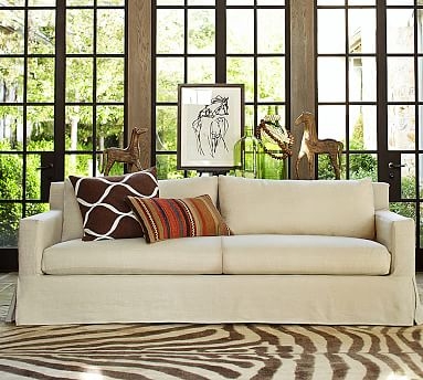 York Square Arm Grand Sofa with Bench Cushion Slipcover, Performance Slub Cotton White - Image 1