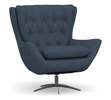 Wells Upholstered Tufted Swivel Armchair with Brushed Nickel Base, Polyester Wrapped Cushions, Performance Heathered Tweed Indigo - Image 0