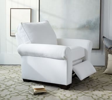 PB Comfort Roll Arm Upholstered Recliner, Box Edge Memory Foam Cushions, Performance Heathered Tweed Indigo - Image 1
